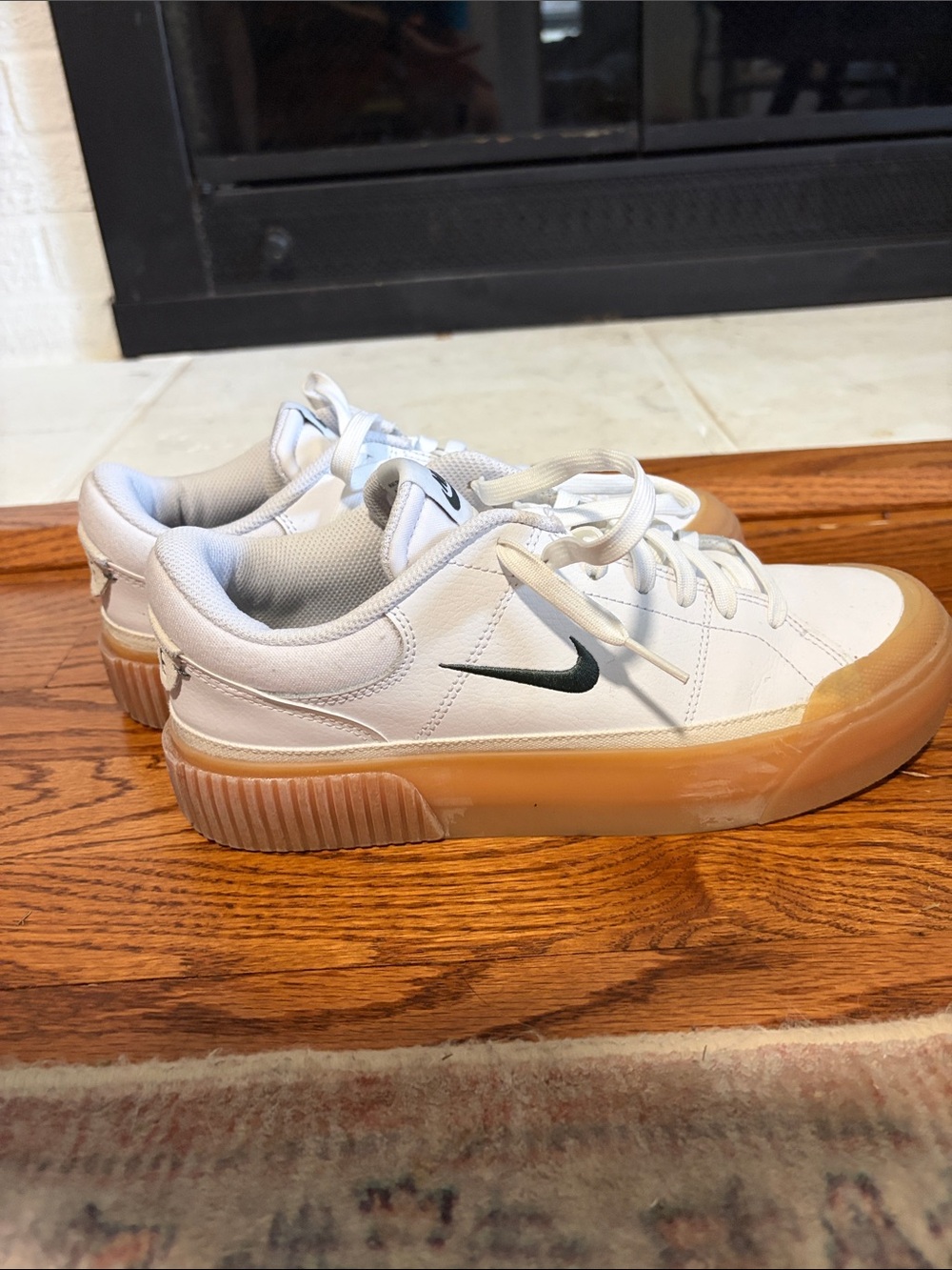 Nike White Leather Low-Top Sneakers with green Swoosh and Gum Sole